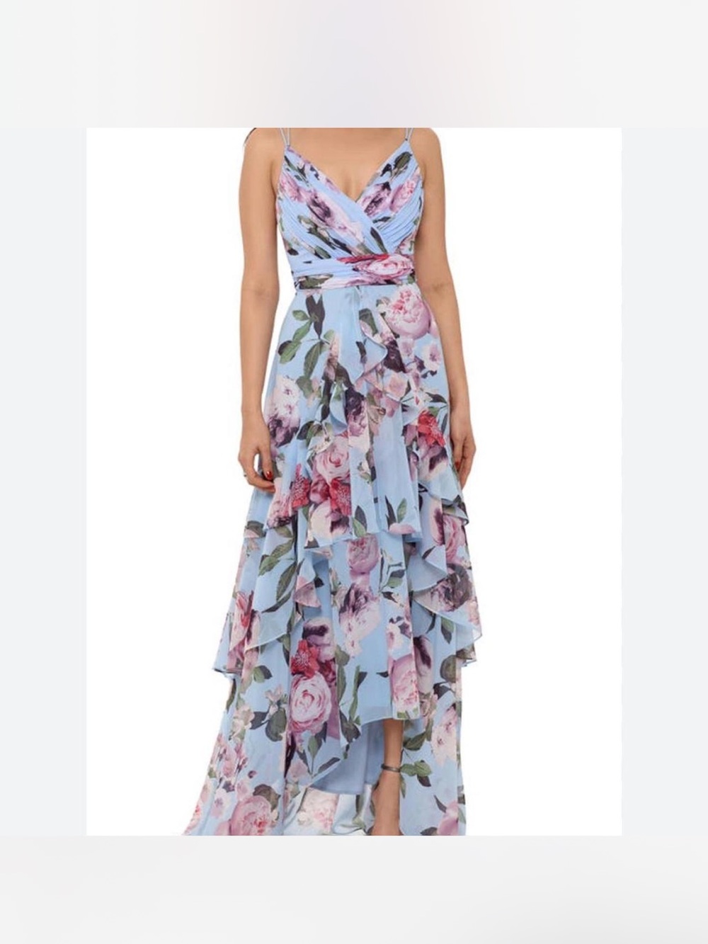Xscape Light Blue Floral High-Low Ruffled Maxi Dress